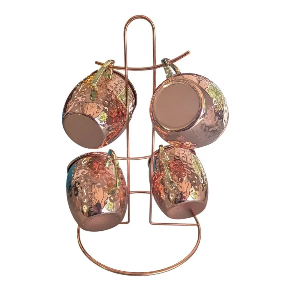 Moscow Mule Copper Mug Set of 4 Display Stand Hammered Cocktail Cups Barwear